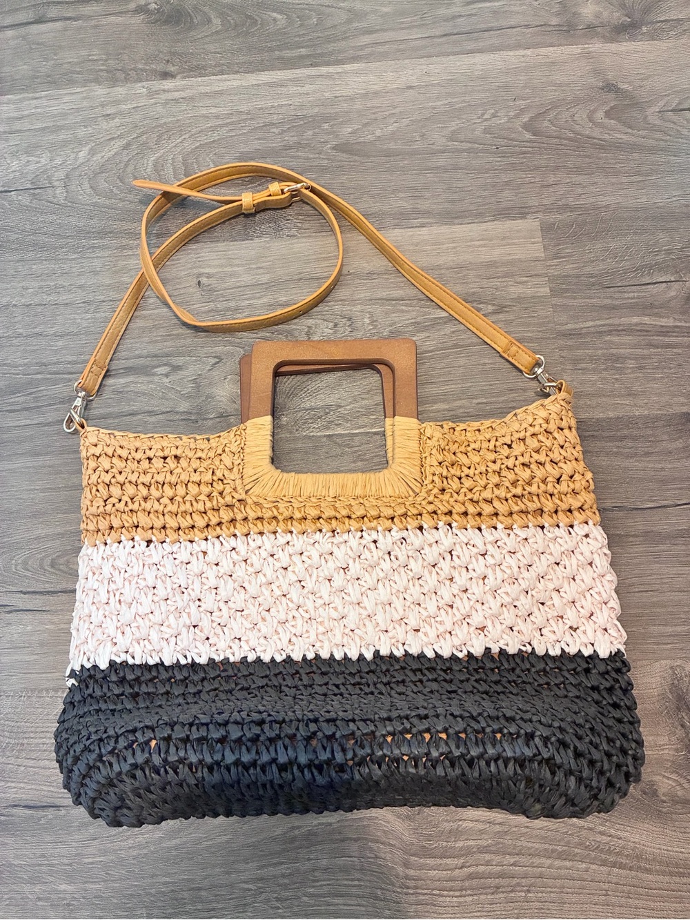Striped Woven Tote Bag with Wood Handle - Tan, Pink & Black